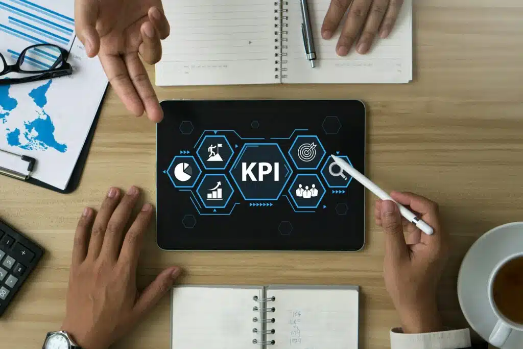 KPI, Key Performance Indicator.Business people presentation, question feedback and planning ideas.